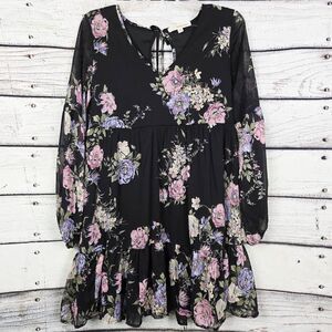 Rewind Women’s Black Floral Long Sleeve Boho Dress Size M